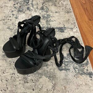 LISHAN Leather Lace Up High Platform Sandal Size 8US Black